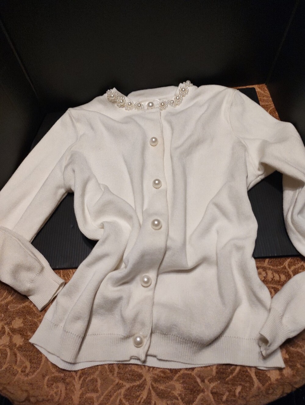 🎀🌹🎀 Dazzling Elaborate Faux Pearl Chantilly Cream Ivory Sweater Cardigan - M - Picture 13 of 16